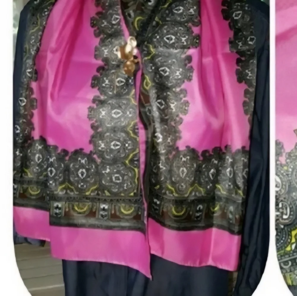 Vintage Pink Silk Scarf Ornate Baroque Print Black Gold Elegant